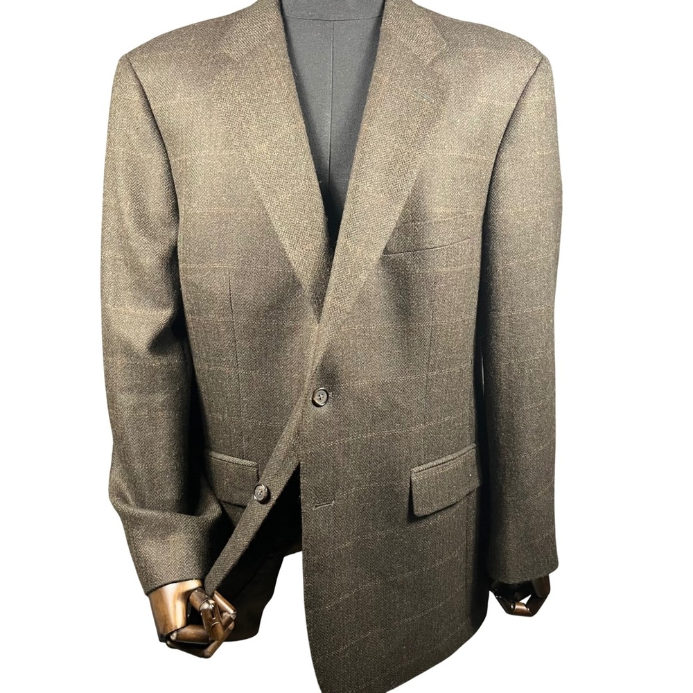 Brooks Brothers Blazer Mens 45R Brown Wool Alpaca Herringbone Windowpane Jacket